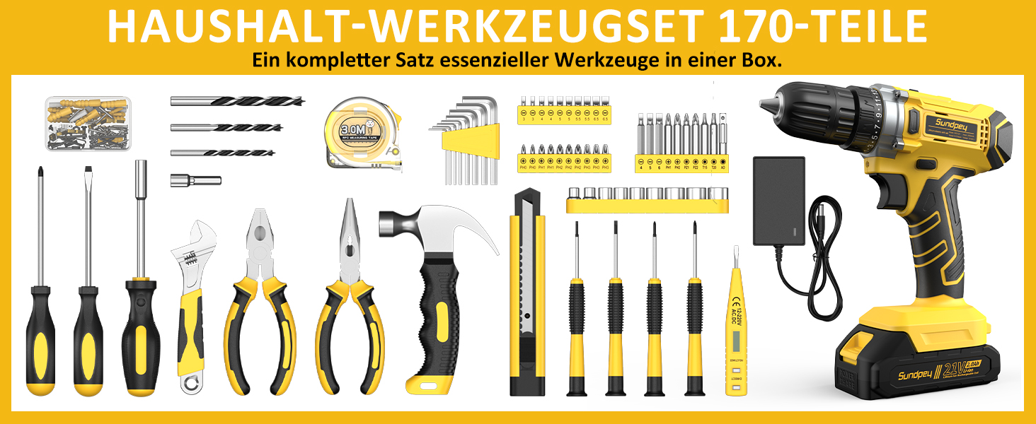 Набір інструментів Sundpey 170 предметів з акумуляторним дрилем-шуруповертом 21V, 2.0Ah, жовтий кейс для дому та ремонту