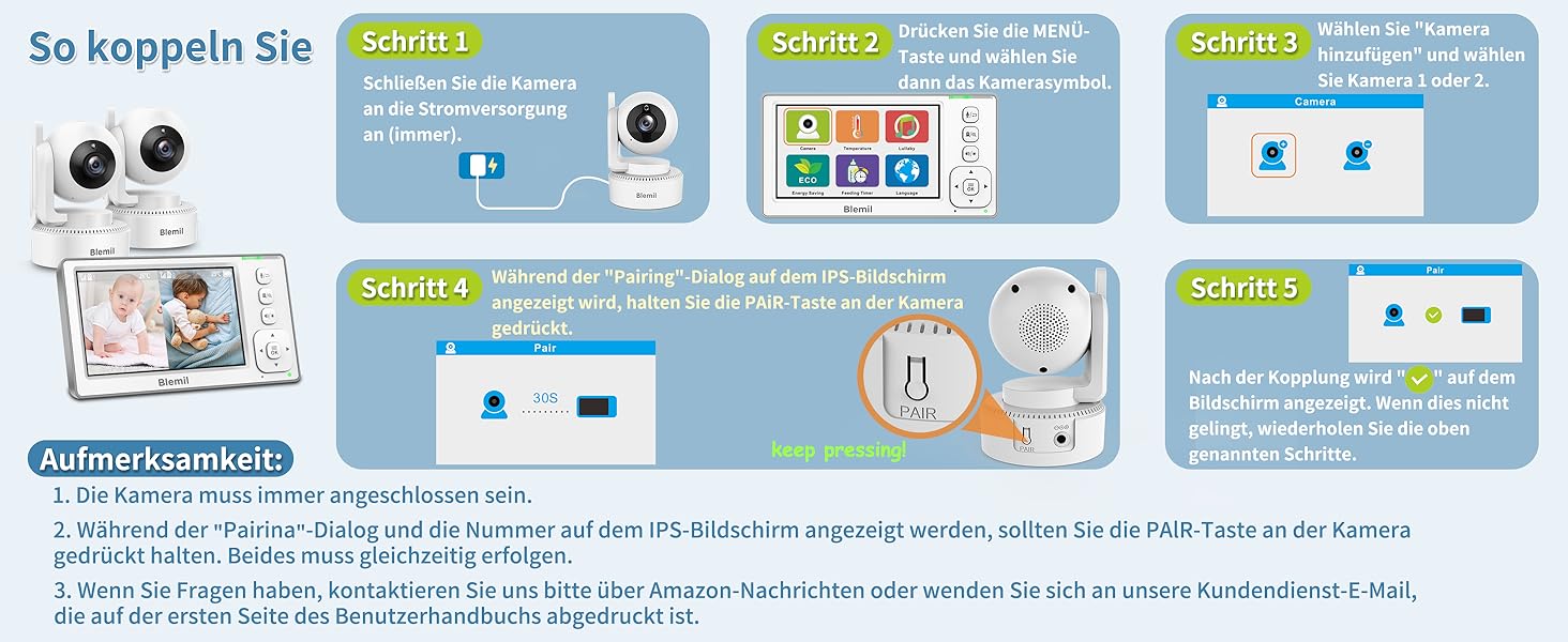 Відеоняня Blemil з 2 камерами, 4.3'' IPS монітором Split-Screen, зумом 2X та акумулятором на 29 годин, функція повороту та нахилу (без Wi-Fi)