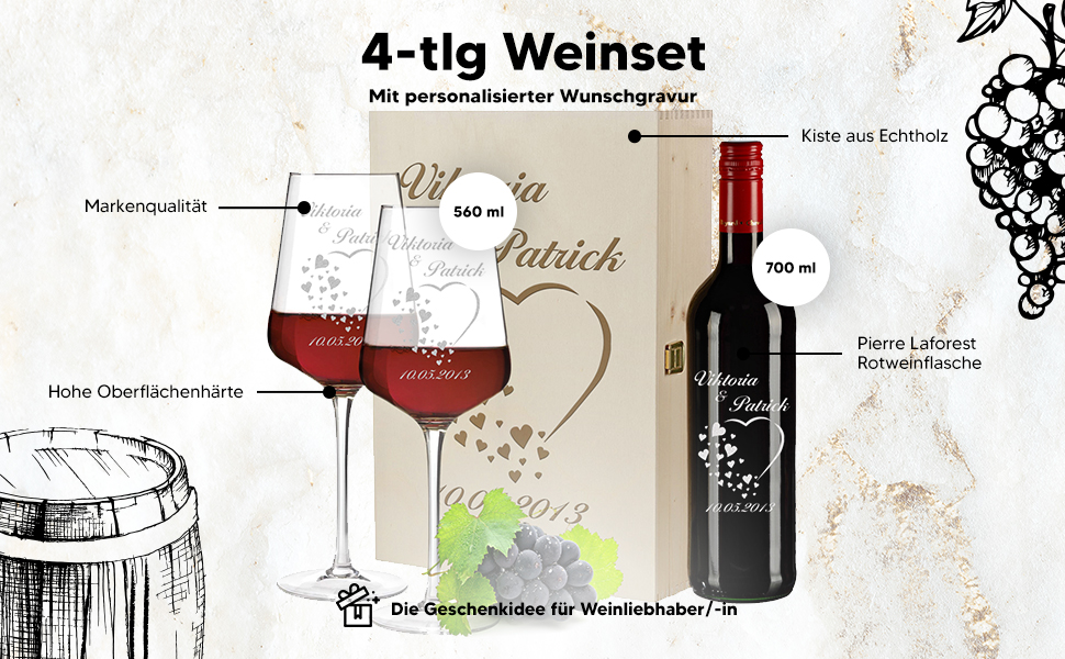 Келих для вина 560 мл з індивідуальним гравіюванням мотиву серця - персоналізований - в т.ч. дерев'яна коробка та червоне вино