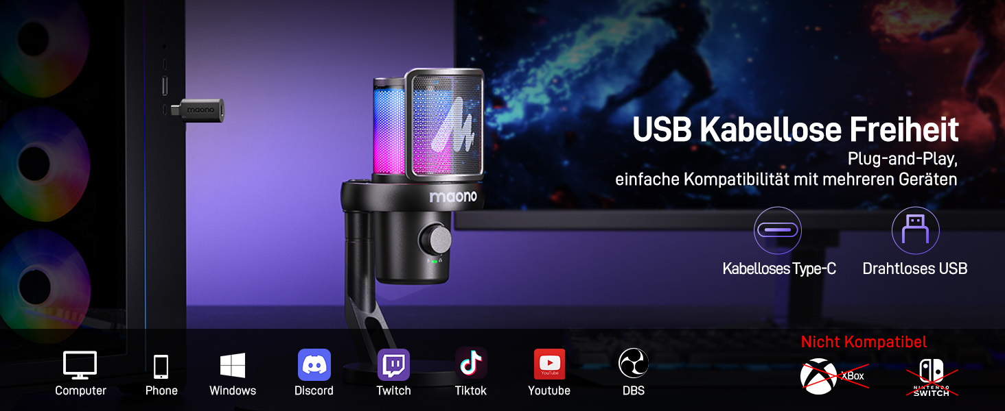 MAONO DM40 Бездротовий мікрофон для ПК з RGB-підсвіткою та ШІ-зміною голосу, шумозаглушення, для геймінгу, подкастингу та стрімінгу (Чорний)