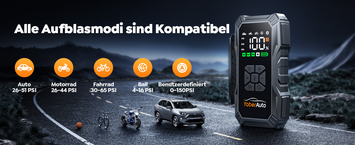 Портативний пусковий пристрій YaberAuto з компресором, 150 PSI, 6000A, 23800mAh, Jump Starter для бензинових та 10.0L дизельних двигунів з LCD-дисплеєм та світлодіодом 500 люмен