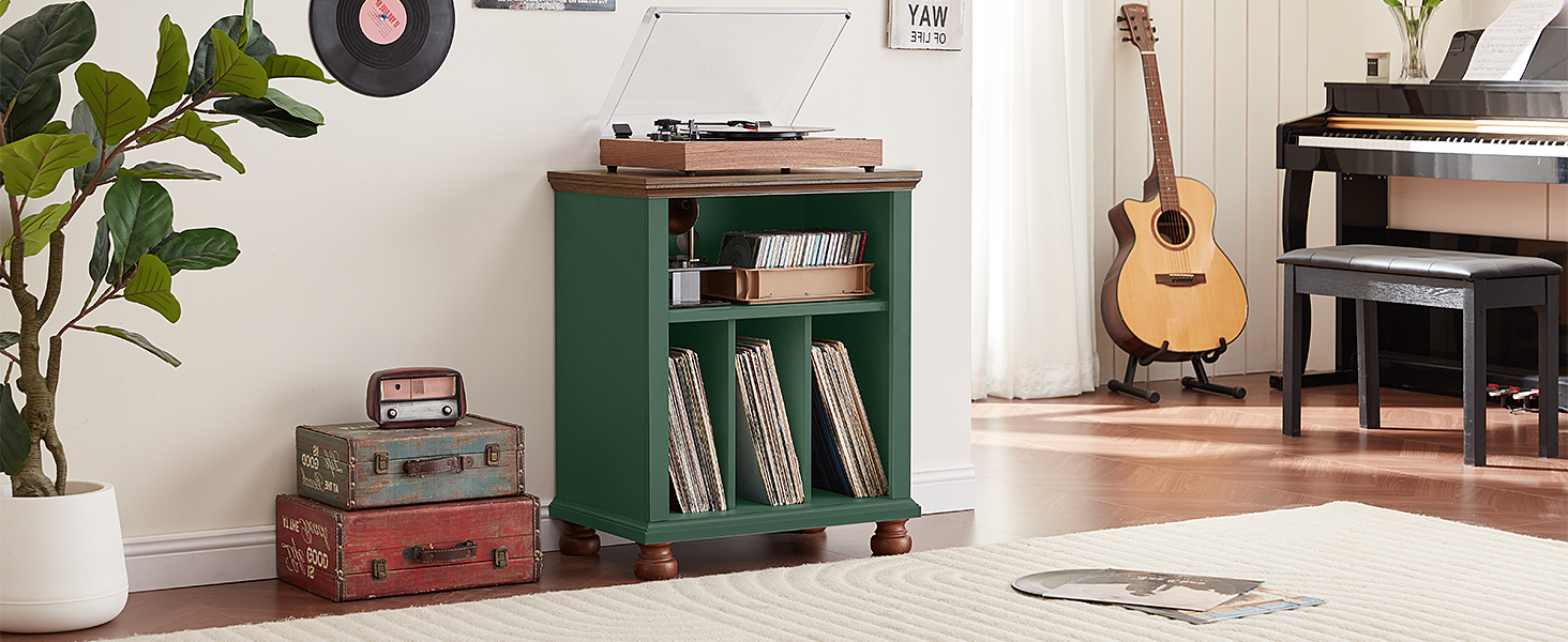 Стійка для програвача LELELINKY, полиця для платівок, місце для 200 платівок, дерев'яний стіл для програвача, полиця для платівок у вітальню, спальню, офіс (зелений)