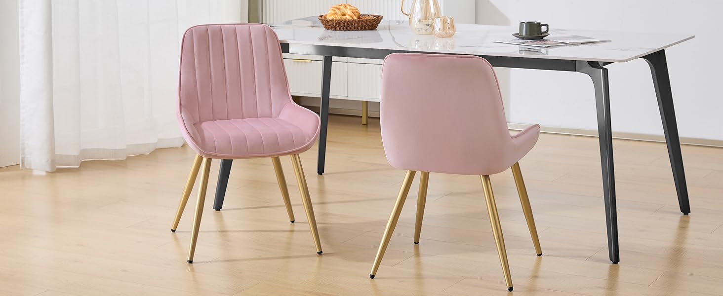 Набір з 2 стільців Lestarain для їдальні, вітальні, кухні, ретро стиль, м'яке сидіння з велюру, металеві ніжки, до 150 кг, рожевий велюр