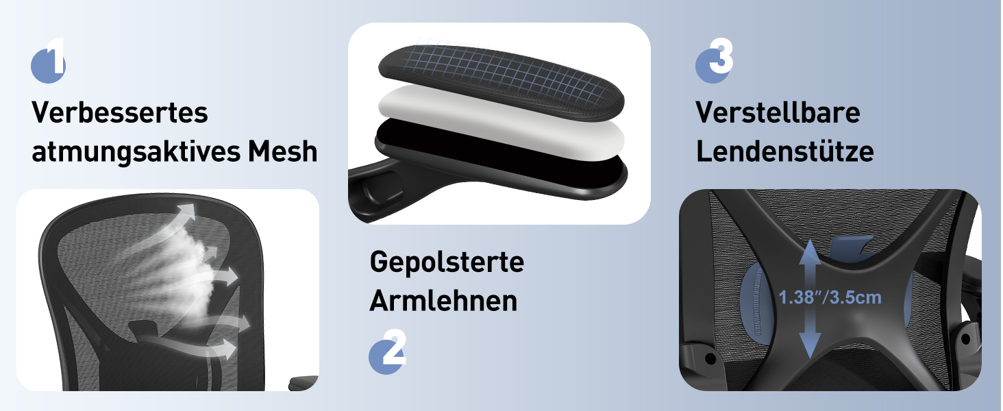 Ергономічне крісло для офісу ZZH з сітчастою спинкою, регульованою поперековою підтримкою та підйомними підлокітниками, дихаючий комп'ютерний стілець для дому з 360° обертанням та регулюванням висоти (Чорний)