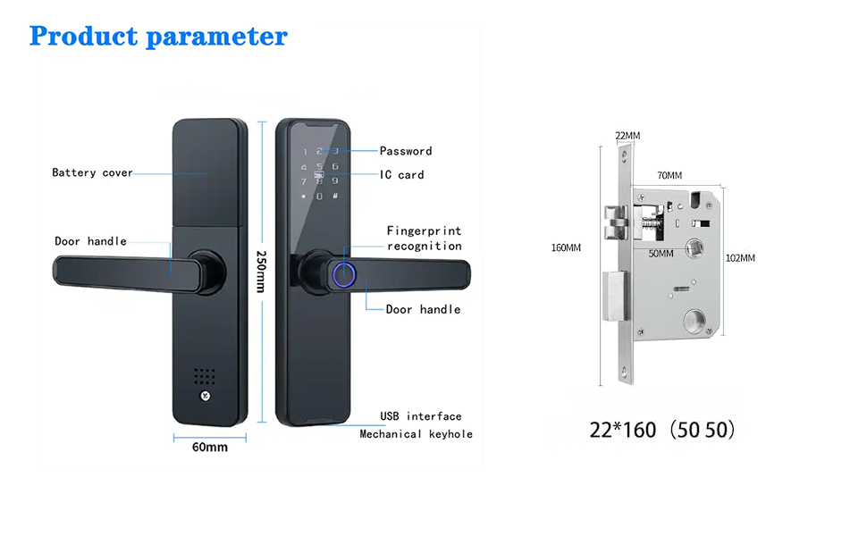 Біометричний дверний замок з відбитком пальця для дерев'яних дверей, Bluetooth, сумісний з Tuya, без ключа, чорний