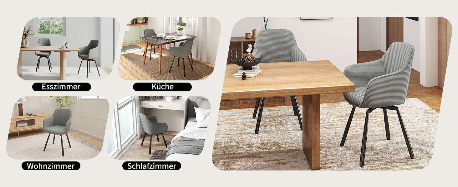 LEWE Комплект з 4-х обертових стільців для їдальні з підлокітниками, сірий. Сучасні стільці для кухні/вітальні з дерев'яними ніжками та спинкою.