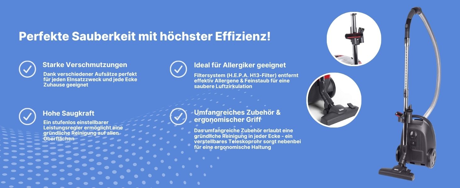 Пилсос Fakir Red Vac Power з мішком, 700W, з кабелем, HEPA фільтр H13, тихий двигун 69dB(A), мішок 3л, радіус дії 9м, чорно-червоний, циліндричний