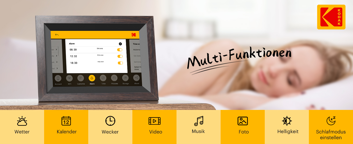Цифровий фоторамка Kodak 10,1 дюйма WiFi, IPS Touchscreen, 32GB, Автоматичне поворотання, для кріплення на стіну, ділитися фото з будь-якого місця, коричневий (чорний каркас)