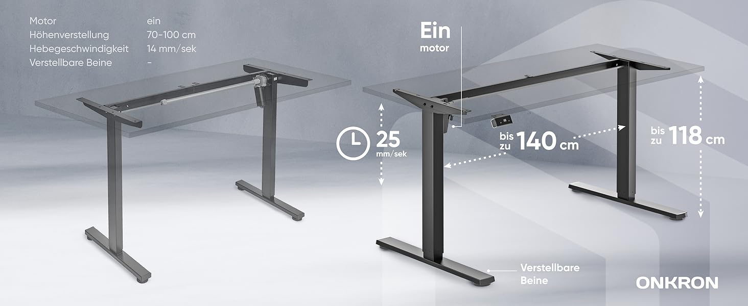 Електричний регульований стіл ONKRON WDF221E-B: чорне металеве підстав'я, для стільниць 120-170 см, до 70 кг