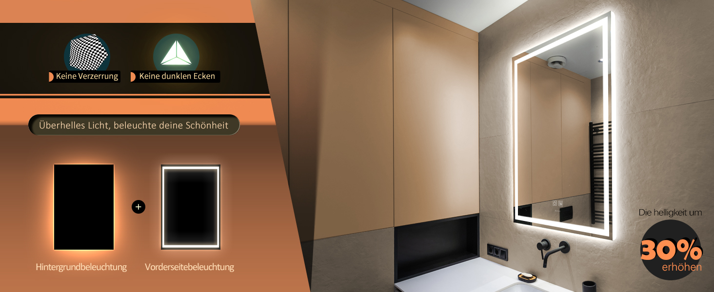 Дзеркало для ванної кімнати LED з підсвічуванням, комодне дзеркало для макіяжу, настінне, 6500K, антитуманне, IP44, 90 x 60 см