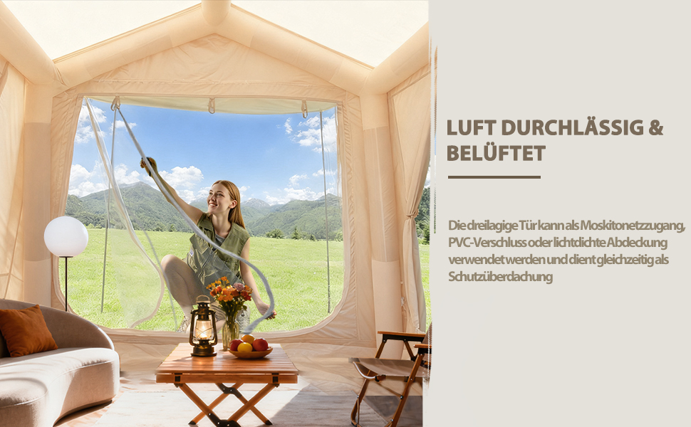 Надувний кемпінговий намет з димоходом та вікном, для 2-10 осіб з насосом, Oxford тканина, швидкозбірний, універсальний для будь-якої пори року