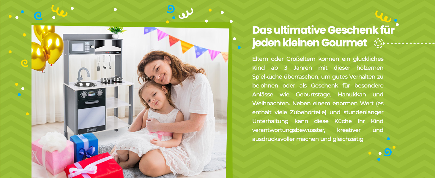 Дерев'яна дитяча кухня Kinderplay з LED та звуками приготування їжі, регульована висота 92–107 см, ігровий набір для дітей від 3 років, повний комплект з аксесуарами, світло-сірий колір (Modern - Weiß)