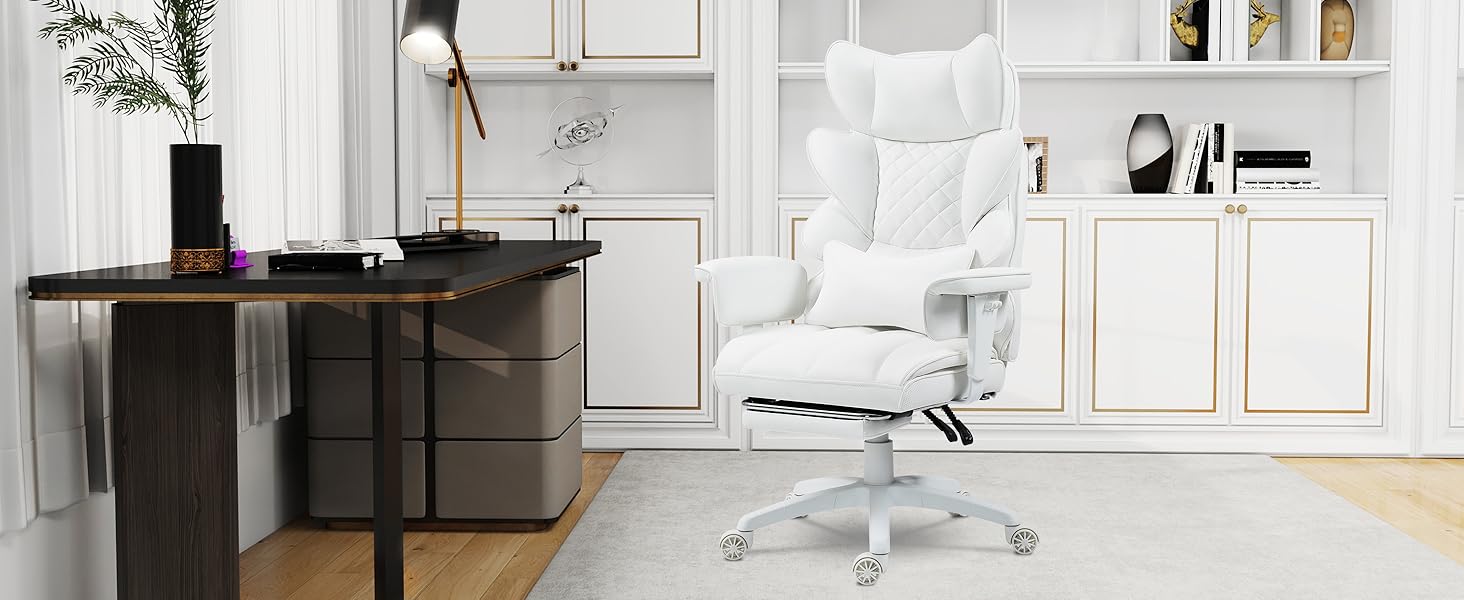 Ігровий крісло Dowinx, ергономічний офісний крісло з кишеньковим пружинним подушками, крісло для начальника з двошаровою м'якою спинкою та регульованою поперековою подушкою, підлокітниками та підставкою для ніг (білий, PU)