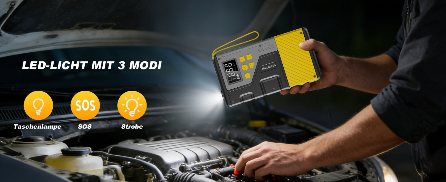 Пусковий пристрій Powerbank Jump Starter з компресором для шин 3000A, 150 PSI, LCD-дисплеєм та LED-ліхтарем (Жовтий)