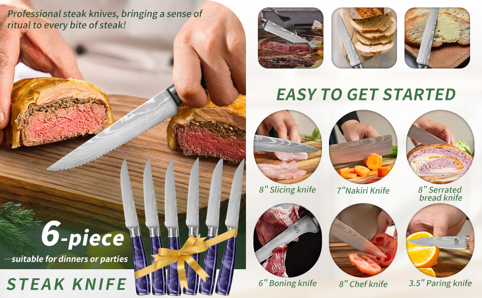 Набір кухонних ножів Fullhi 14 предметів з бруском та чохлом, набір кухонних ножів для приготування стейків, кольорова ручка (фіолетовий смоляний)