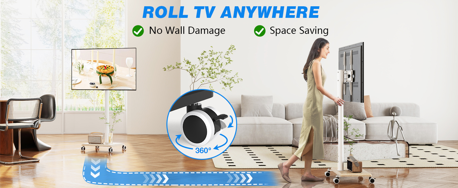 Підставка для телевізора на колесах з полицею, телевізійна тумба, мобільна підставка для телевізора 27-55 дюймів, до 40 кг, VESA 400x400 мм (Бежева)