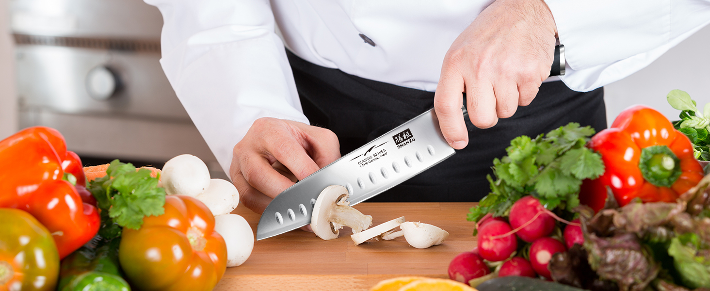 Ніж шеф-кухаря SHAN ZU Santoku: 18 см, нержавіюча сталь, ергономічна ручка, подарункова коробка