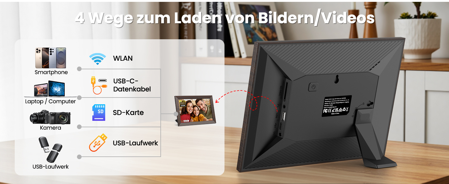 Frameo Цифровий фоторамка WiFi, 10.1 дюйма, HD IPS сенсорний екран, 32 ГБ пам'яті, автоматичне обертання, хмарна підтримка, віддалене завантаження фото та відео