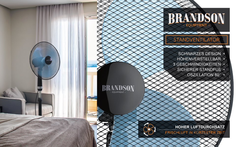 Вентилятор підлоговий Brandson 50 Вт, 40 см, регульована висота та кут нахилу 30°, 3 швидкості, коливання 80°