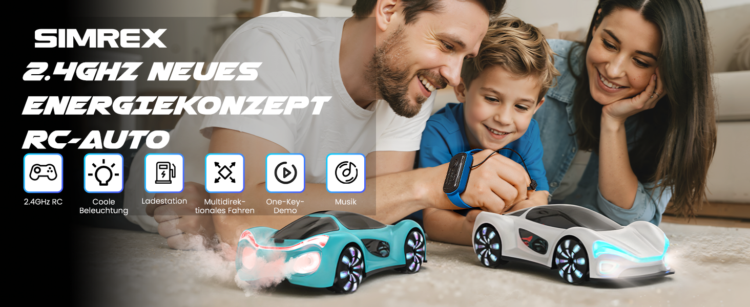 SIMREX RC Автомобіль 360° Дрифт Stunt Авто на радіокеруванні з LED підсвіткою дисків та туманом, 2.4GHz для дітей та дорослих від 6 років, подарунок на день народження, білий