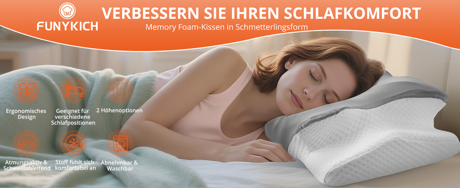 Ортопедична подушка FUNYKICH з піною з пам'яті, сірого кольору, з двома рівнями висоти (11/13 см), дихаюча та пральна, для комфортного сну на боці, спині та животі