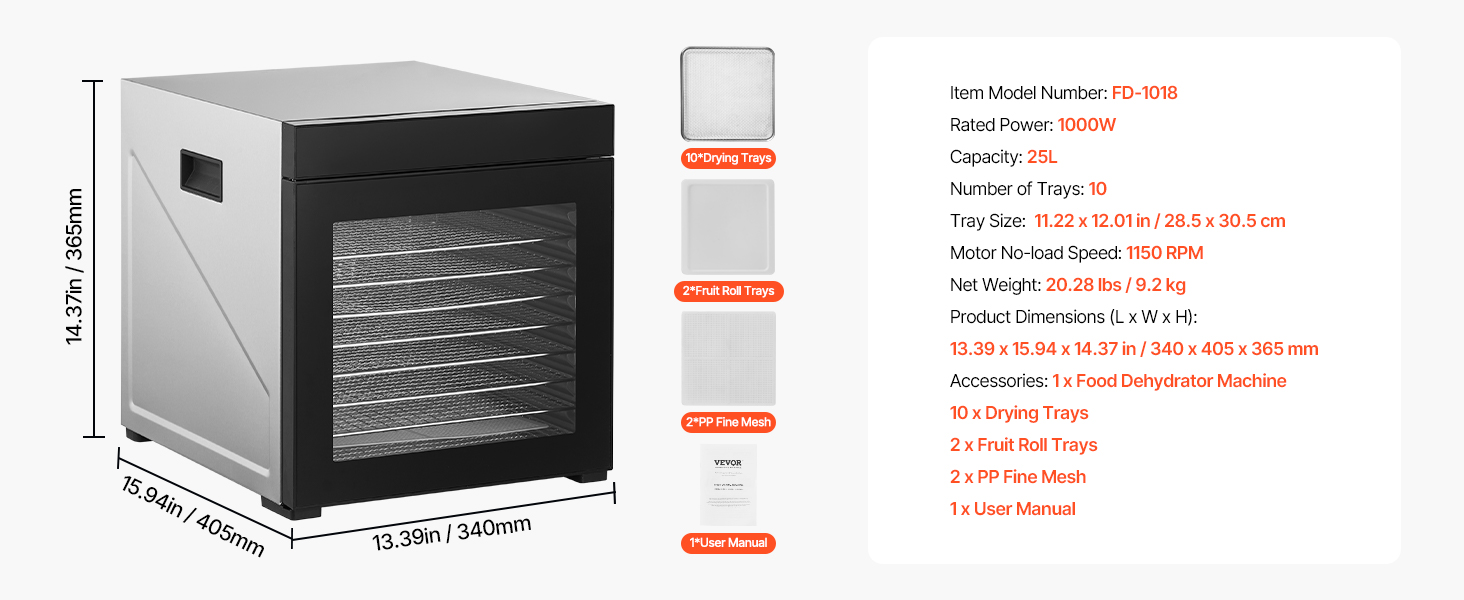 Електрична сушарка для продуктів VEVOR з 10 чашами з нержавіючої сталі, 1000 Вт, сушарка для м'яса, фруктів, овочів, трав, собачих ласощів
