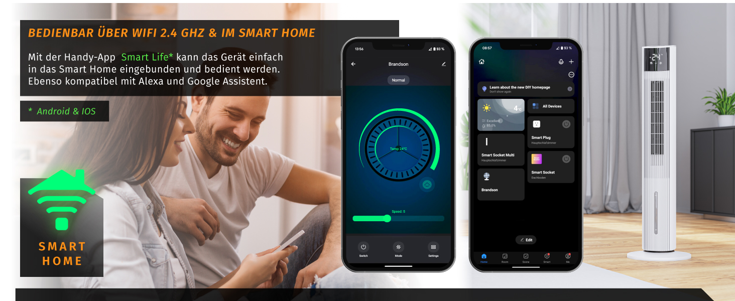 Вентилятор вежний з Wi-Fi та охолодженням води Brandson ECO GREEN – тихий, з керуванням Alexa, смарт-вентилятор для дому, мобільний кондиціонер
