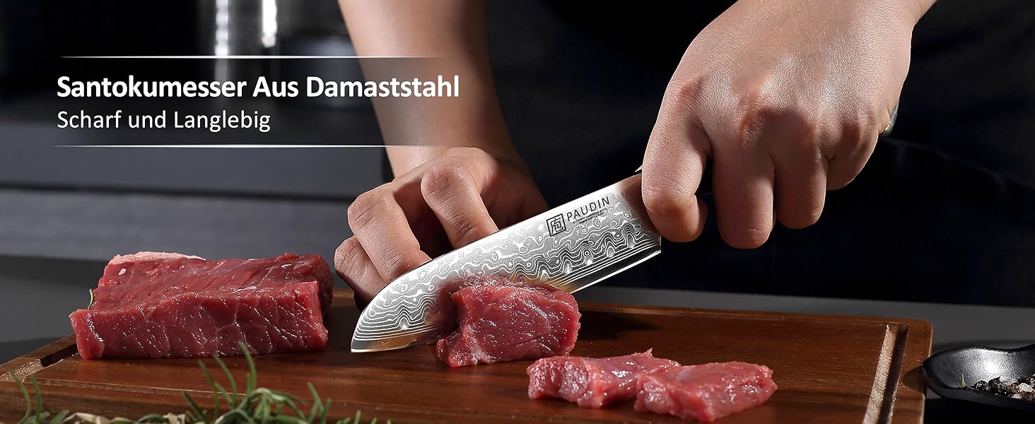 Японський ніж Santoku PAUDIN з дамаської сталі 13 см - професійний кухонний ніж для кухні, надзвичайно гострий, з ергономічною ручкою G10