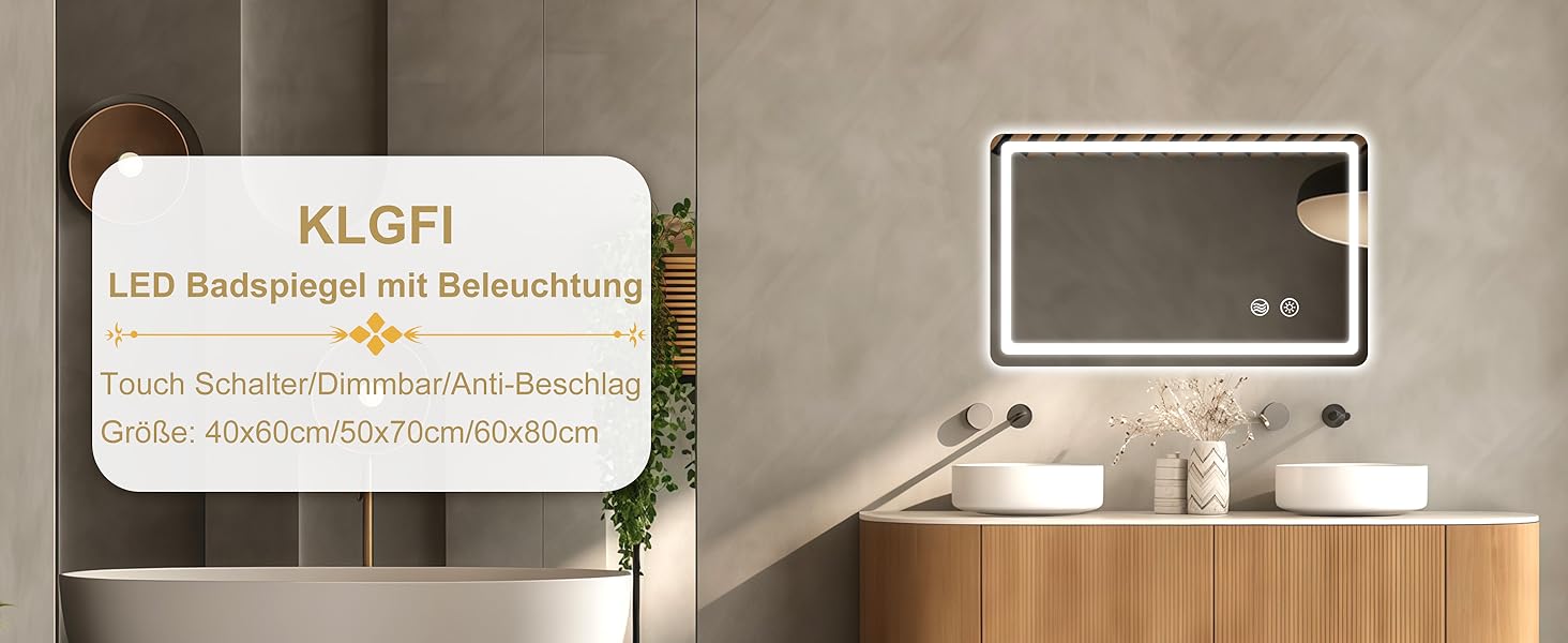 LED дзеркало для ванної кімнати KLGFI з підсвіткою, сенсорним вимикачем та функцією антизапар, 50 x 70 см