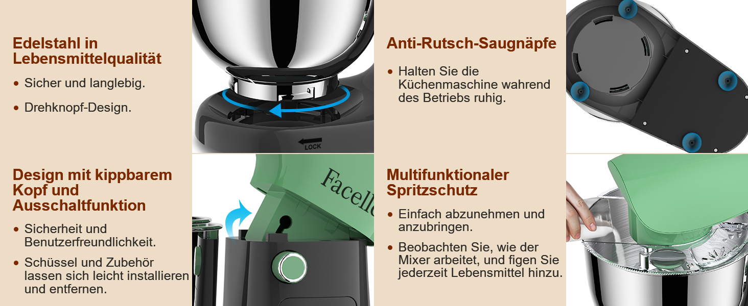Кухонна машина-міксер Facelle 1500W з великою чашею 5.5/4.5л, 10+ програм, тиха робота, набір насадок (зелено-сірий)