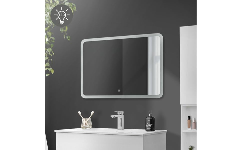 Дзеркало для ванної кімнати ML-Design з LED-підсвічуванням, 90 x 60 см, білий колір, сенсорне керування