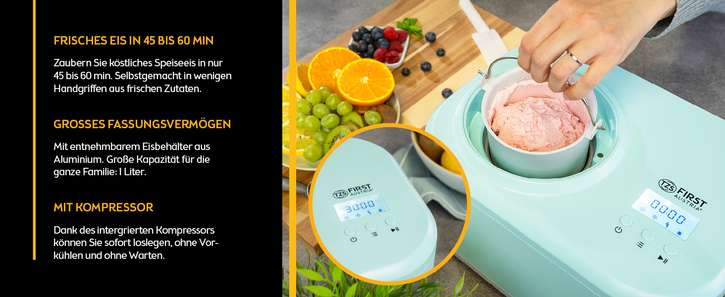 Електрична морозиво-машина TZS First Austria 1L з компресором 3-в-1 - для морозива, сорбету та замороженого йогурту, з мірним стаканчиком та лопаткою, колір м'ятний