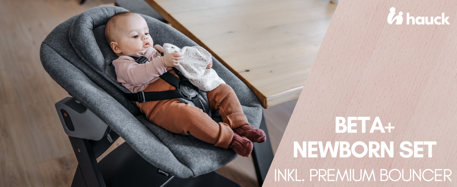 Високий стільчик для годування Hauck Beta+ Newborn Set Premium Dark Grey - комплект для новонароджених, з функцією гойдалки, подушкою та підносом. Колір: сірий, білий.