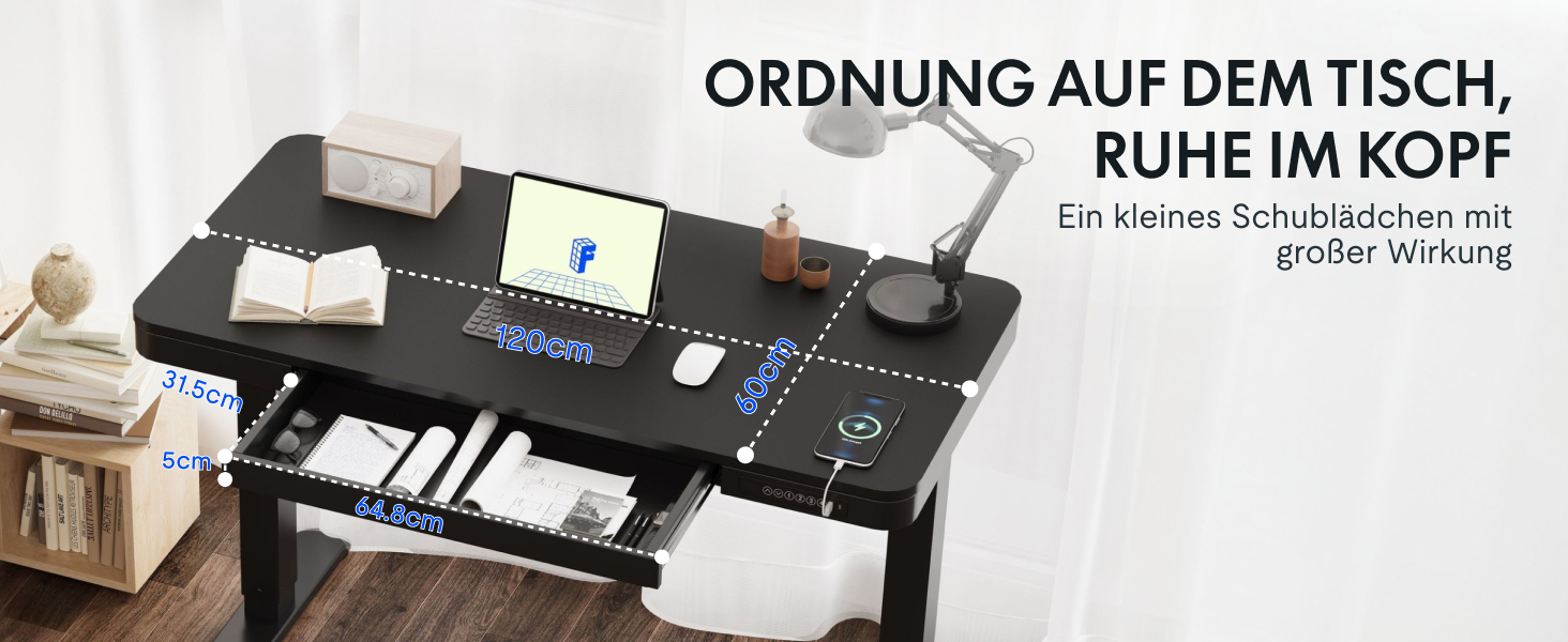 Електричний регульований стіл FLEXISPOT з підйомною функцією, USB-порт, ящик для зберігання та скляною стільницею (сніжно-білий), 140 x 70 см, Luxusschwarz