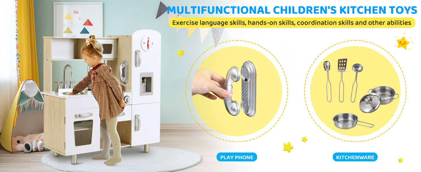 Дерев'яна дитяча кухня MAMIZO - іграшковий кухонний набір для дітей, 81x74x30 см, з підсвіткою та звуком, аксесуари, для дітей від 3 років, білий колір