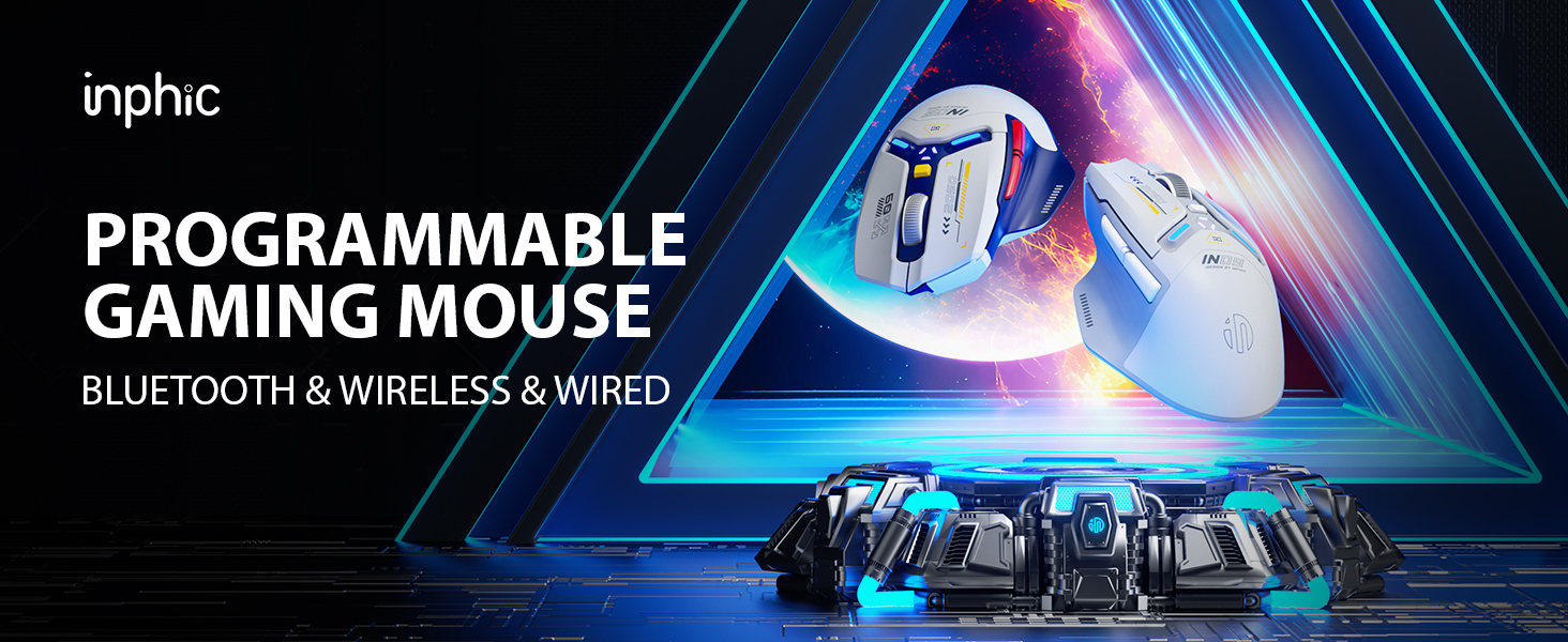 Ігрова миша inphic IN9 бездротова Tri-Mode (2.4G/Bluetooth/Type-C), 10000 DPI, RGB-підсвітка, програмована, акумуляторна, сіро-біла