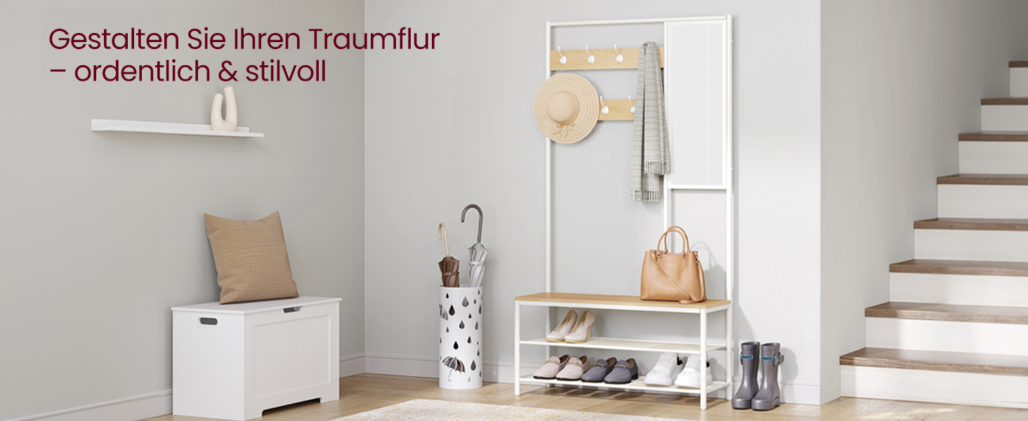 Стійка для одягу VASAGLE з дзеркалом та банкеткою, 35 x 98 x 180 см, для передпокою, спальні, вітальні, індустріальний дизайн, vintagebraun- schwarz, з полицею для взуття