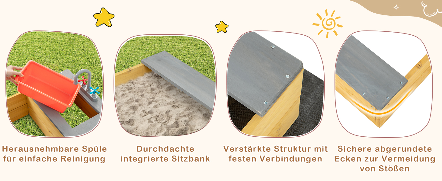 Пісочниця DREAMADE 135x125x20 см з сосни для вулиці: пісочний набір з аксесуарами та лавкою