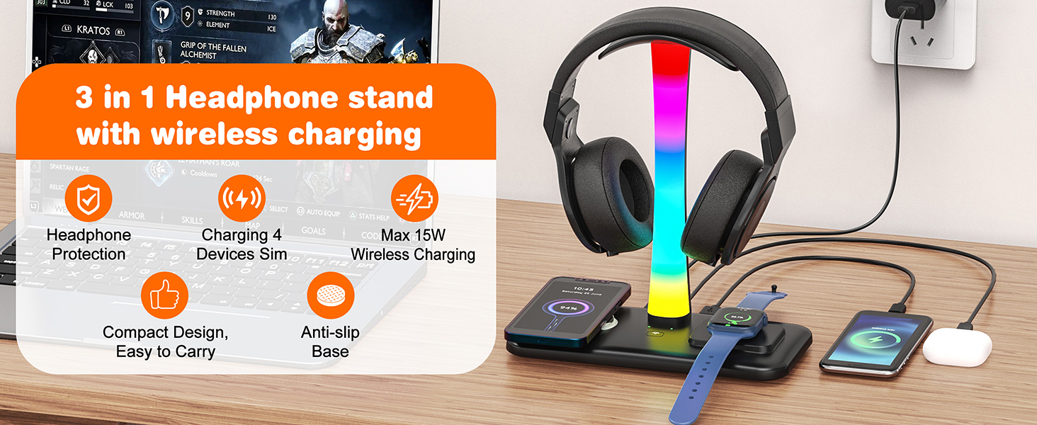 Підставка для навушників Jubor 3 в 1 RGB з бездротовим зарядним пристроєм 15W та 9 режимами підсвічування