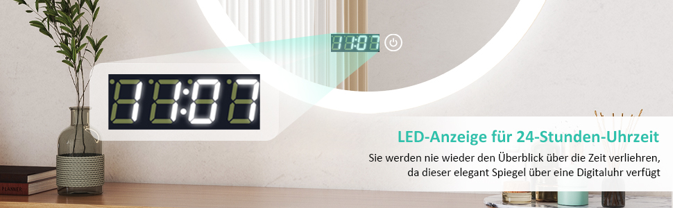 Круглий дзеркало для ванної кімнати Boromal з підсвічуванням, годинником та 3 кольорами світла (60см)