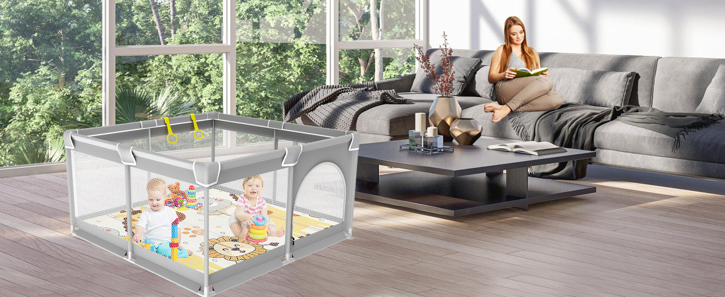 Ляльковий загін для малюків 120x120 см з ігровим килимком, дитячий портативний загін з м'яким килимком, дитячий загін з сіткою та присосками 120x120 см з матрацом