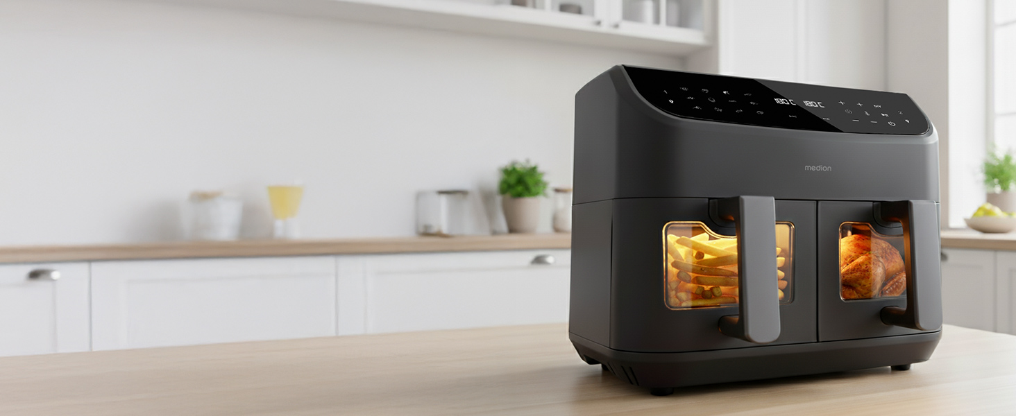 MEDION P20 XXL Фритюрниця з гарячим повітрям з 2 камерами (8,7 л, Airfryer, 2600 Вт, подвійна камера, 10 автоматичних програм, 2 висувні ящики, віконце, Dual Airfryer, ILAG PFAS-free, MD11760) матово-білий, матово-сірий
