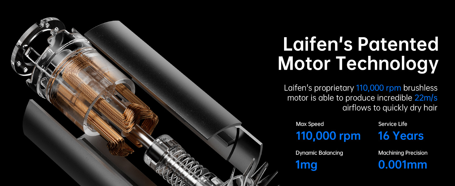 Фен Laifen з іонізацією 200 млн негативних іонів, Swift Special для подорожей, 110 000 обертів/хв, безщітковий мотор, швидке сушіння, тихий фен з насадкою-дифузором (сріблястий)