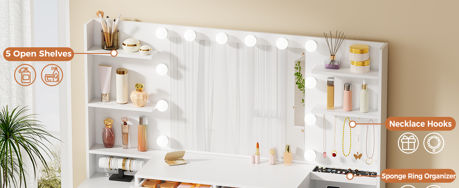 Трюмо BEWISHOME з дзеркалом, регульованою LED-підсвіткою та розетками, 10 шухлядами, 5 полицями, гачками та органайзером для прикрас, сучасний дизайн, білий колір, EFST52W