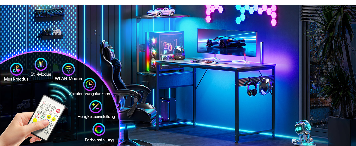 Ігровий стіл Coleshome з LED-підсвічуванням 120x48 см, з ящиками та полицею, обертовий, з тримачем для навушників, карбонове волокно чорного кольору