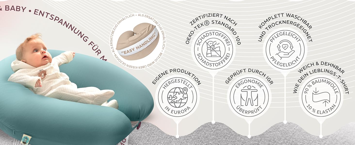 Подушка для годування та вагітності sei Design XXL (190x35 см), ергономічна подушка для сну з чохлом з органічної бавовни муслін, сріблясто-сіра