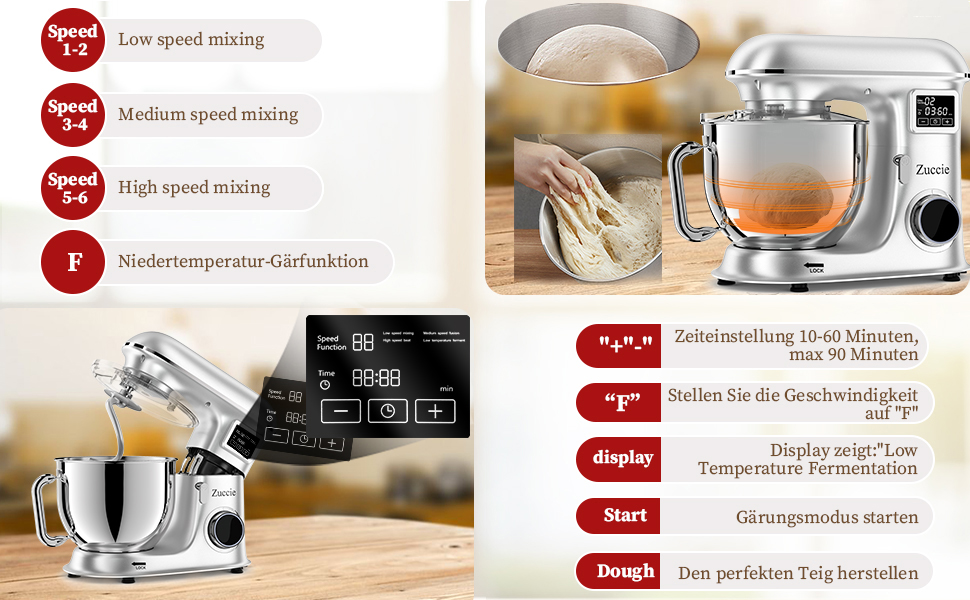 Кухонна машина 1500W 8L з 6 швидкостями, функцією ферментації та LCD-дисплеєм. Комплектується міксером, гаком для тіста та вінчиком (срібна)