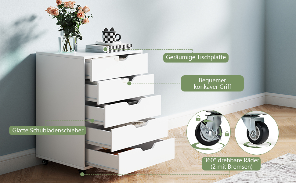 Контейнер GOPLUS з шухлядами, мобільний офісний шафка на колесах, білий, 48 x 39,5 x 65,5 см