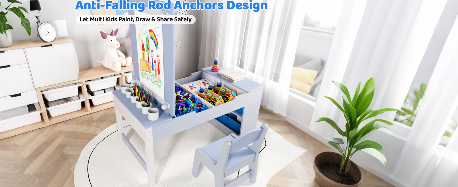 Дитячий стіл зі стільцями, комплект з дерева, дитяча група сидіння з місцем для зберігання, стіл для малювання з рулоном паперу, стіл для малювання та рукоділля для дітей від 3 років (Блакитний)