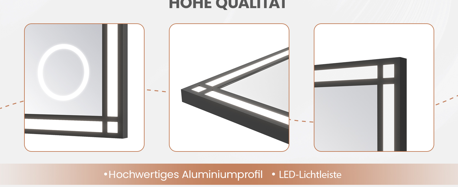 LED дзеркало для ванної кімнати AQUABATOS 50x70 см з підсвічуванням, ефект вікна, сенсорне керування, регулювання яскравості, антизапотівальне покриття, чорний алюмінієвий каркас, індустріальний стиль, годинник, дзеркало для макіяжу